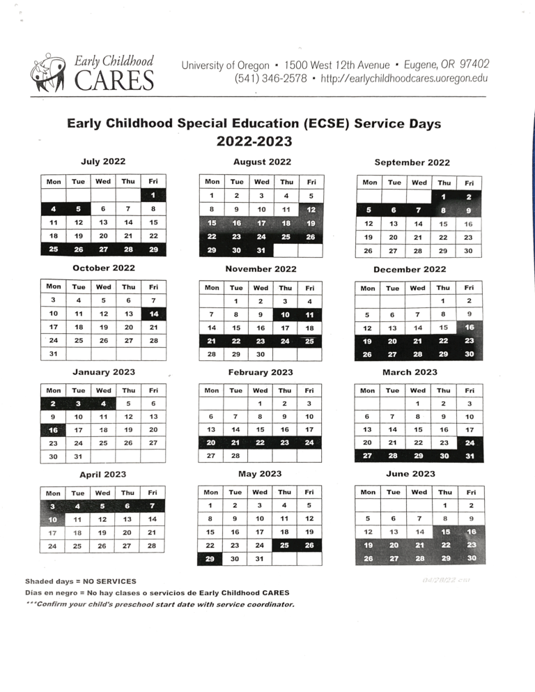 EC CARES Service Calendar Relief Nursery